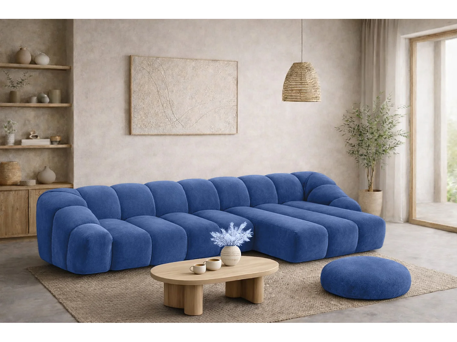 Divano angolare modulare a L, tessuto velluto Bluvel, blu inchiostro, destra, CROISSANT XL