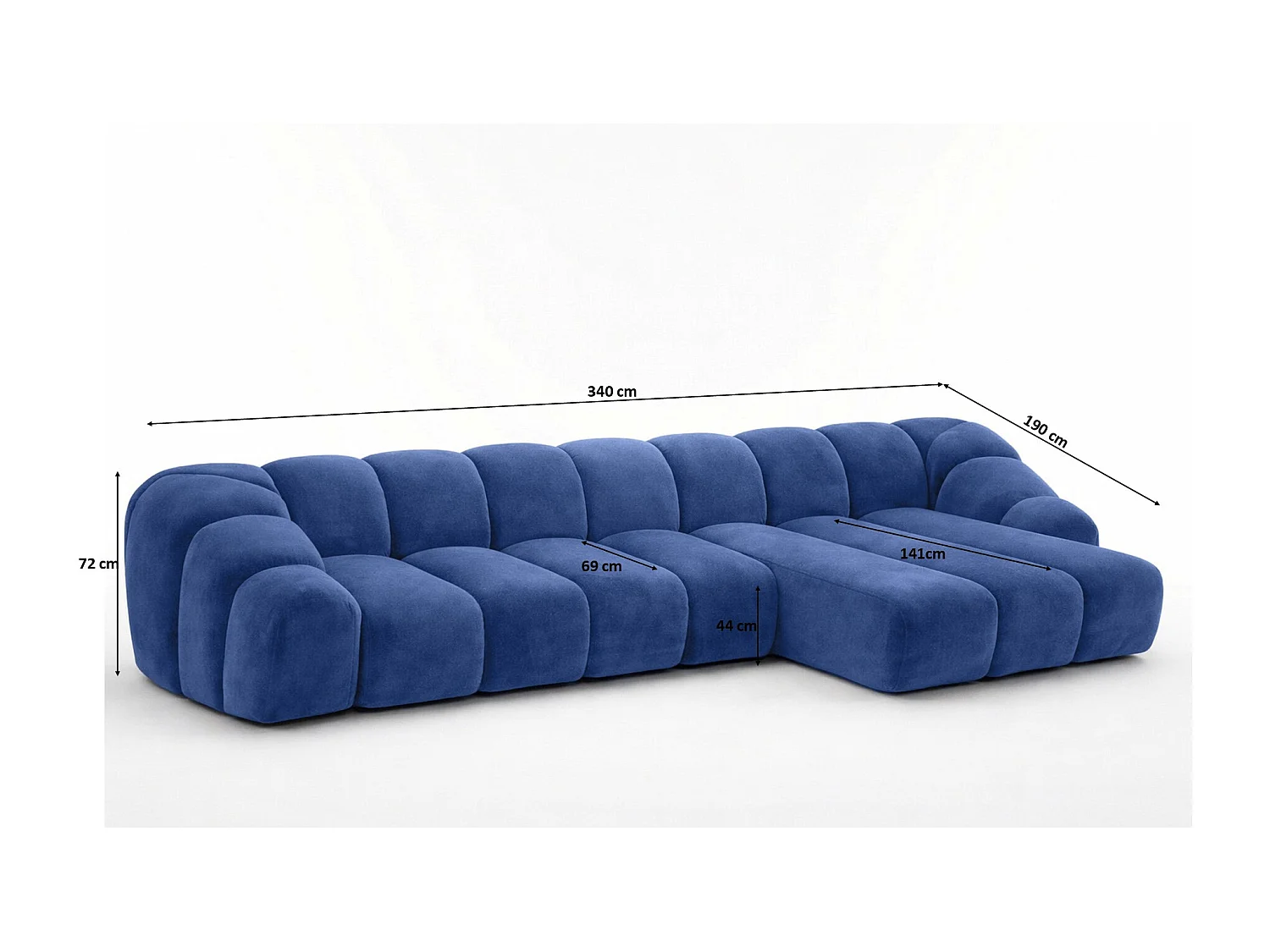 Divano angolare modulare a L, tessuto velluto Bluvel, blu inchiostro, destra, CROISSANT XL