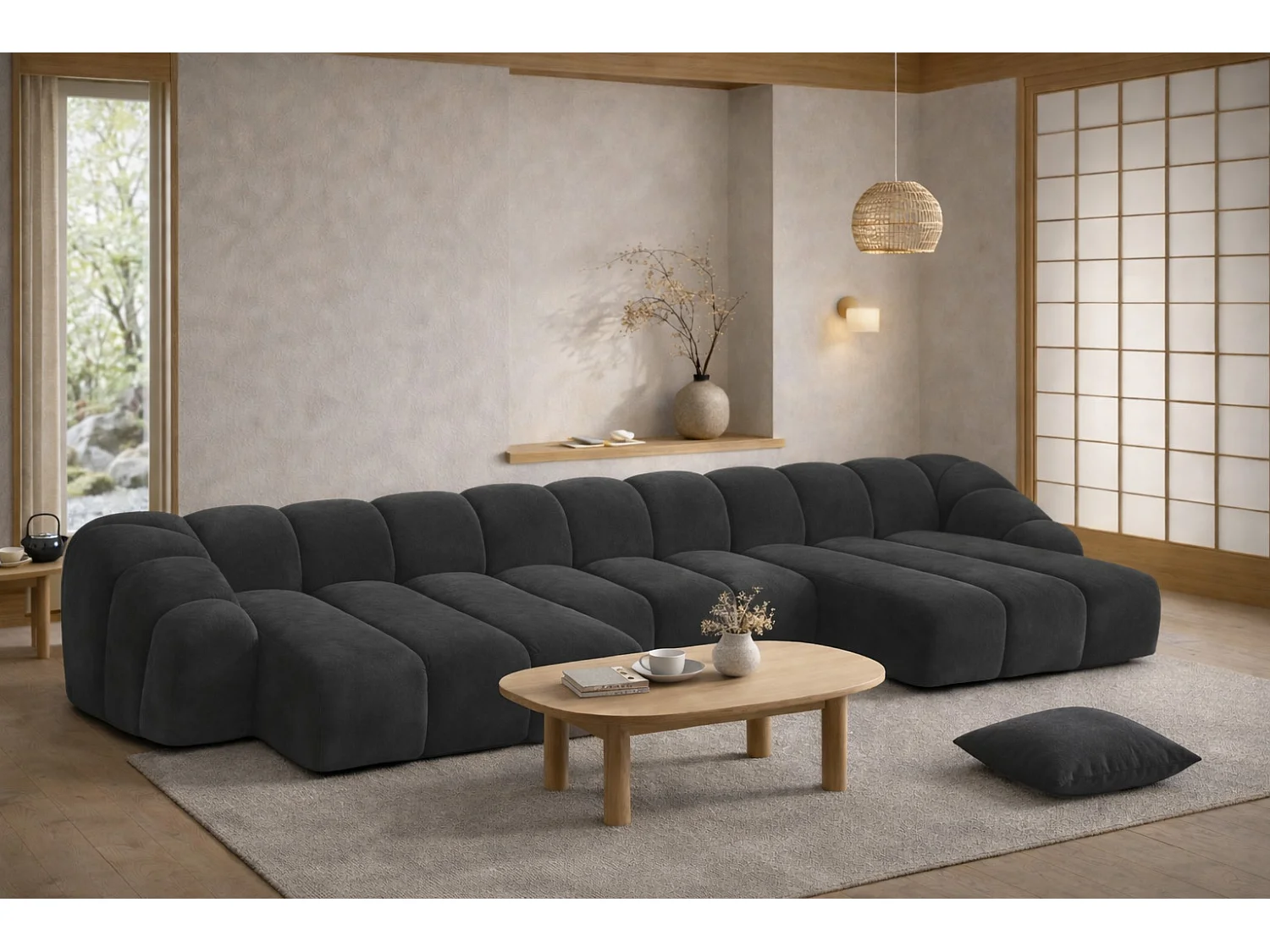 Narożnik modułowy w kształcie U, tkanina welurowa Bluvel, Czarny, CROISSANT U