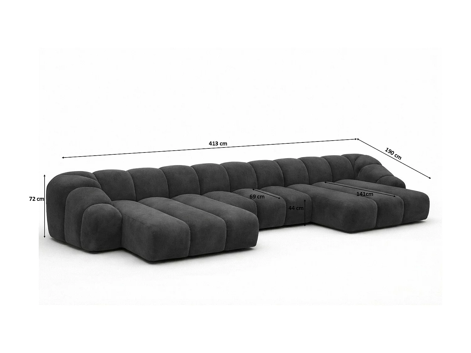 Narożnik modułowy w kształcie U, tkanina welurowa Bluvel, Czarny, CROISSANT U