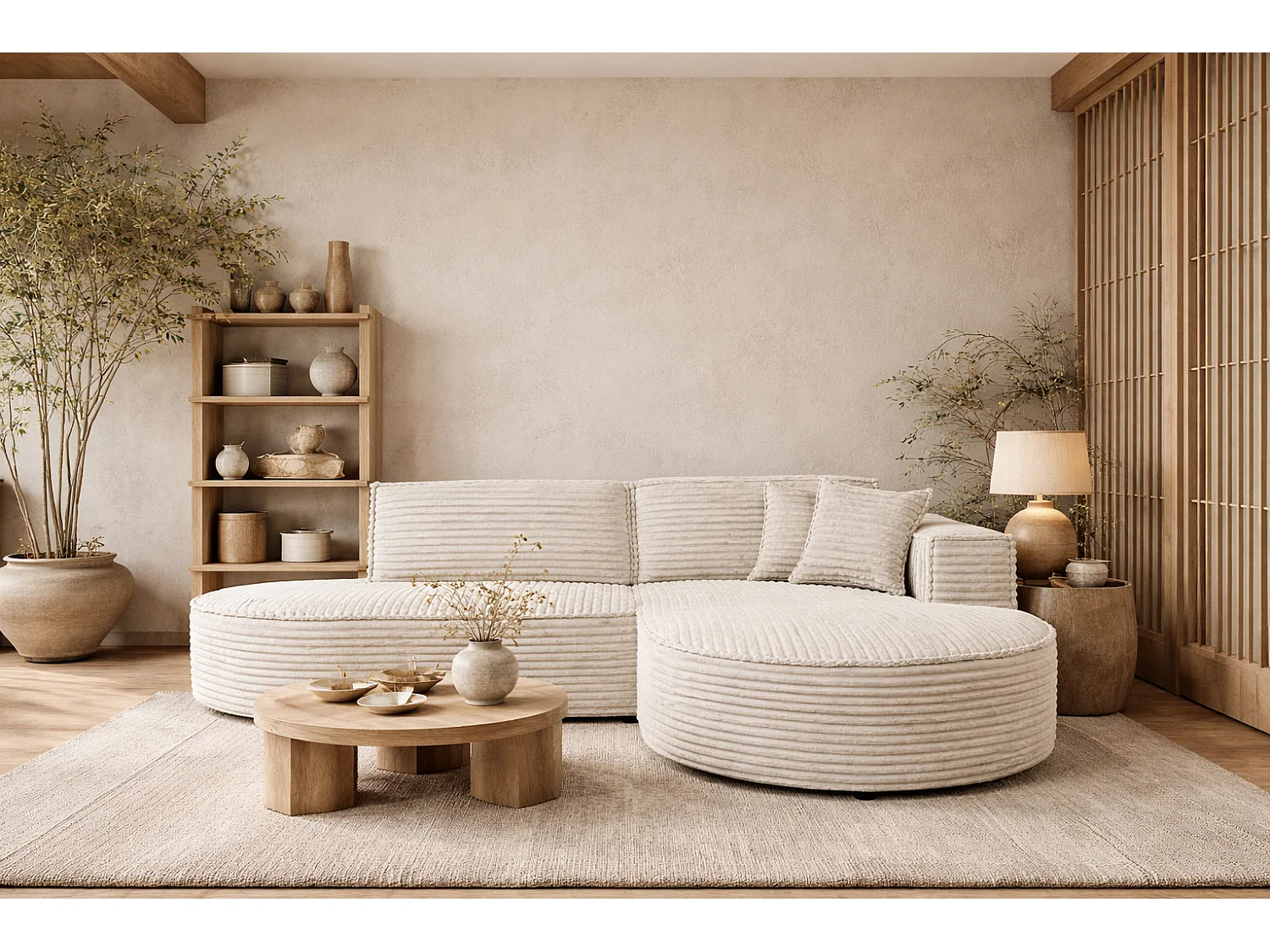 Ecksofa L-Form, Cordstoff Velo, Ecru, Rechts, Modena Studio