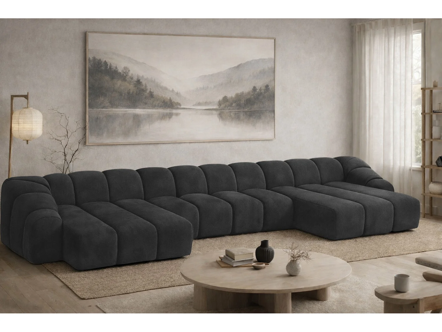 Divano angolare modulare a U, tessuto velluto Bluvel, nero, CROISSANT U XL