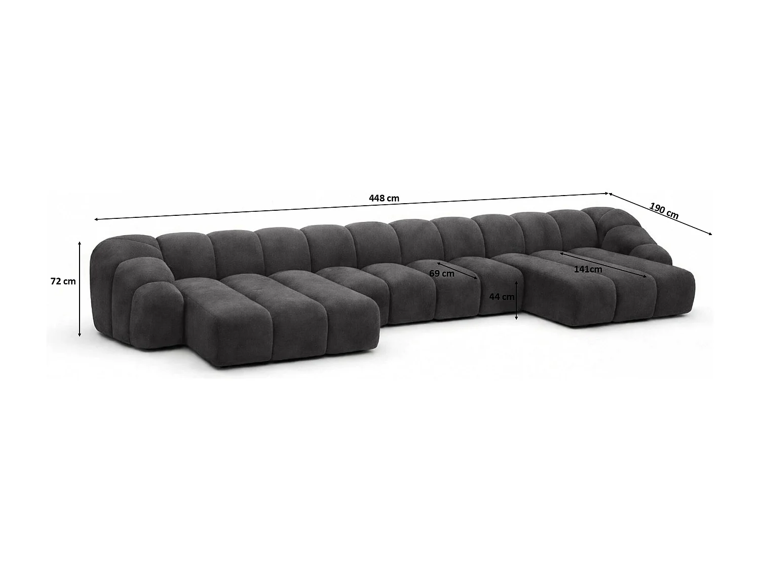 Divano angolare modulare a U, tessuto velluto Bluvel, nero, CROISSANT U XL