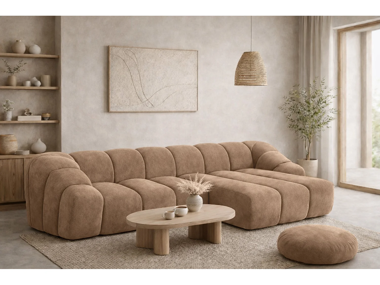 Divano angolare modulare a L, tessuto velluto Bluvel, latte, destra, CROISSANT L