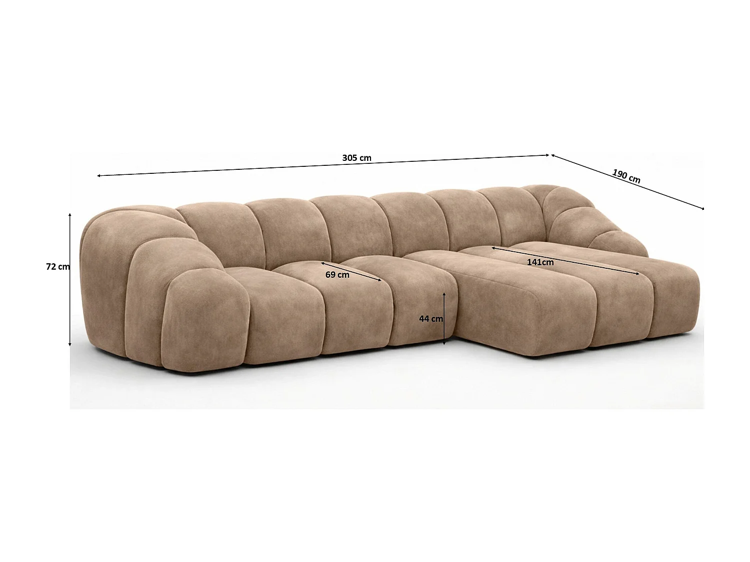 Divano angolare modulare a L, tessuto velluto Bluvel, latte, destra, CROISSANT L