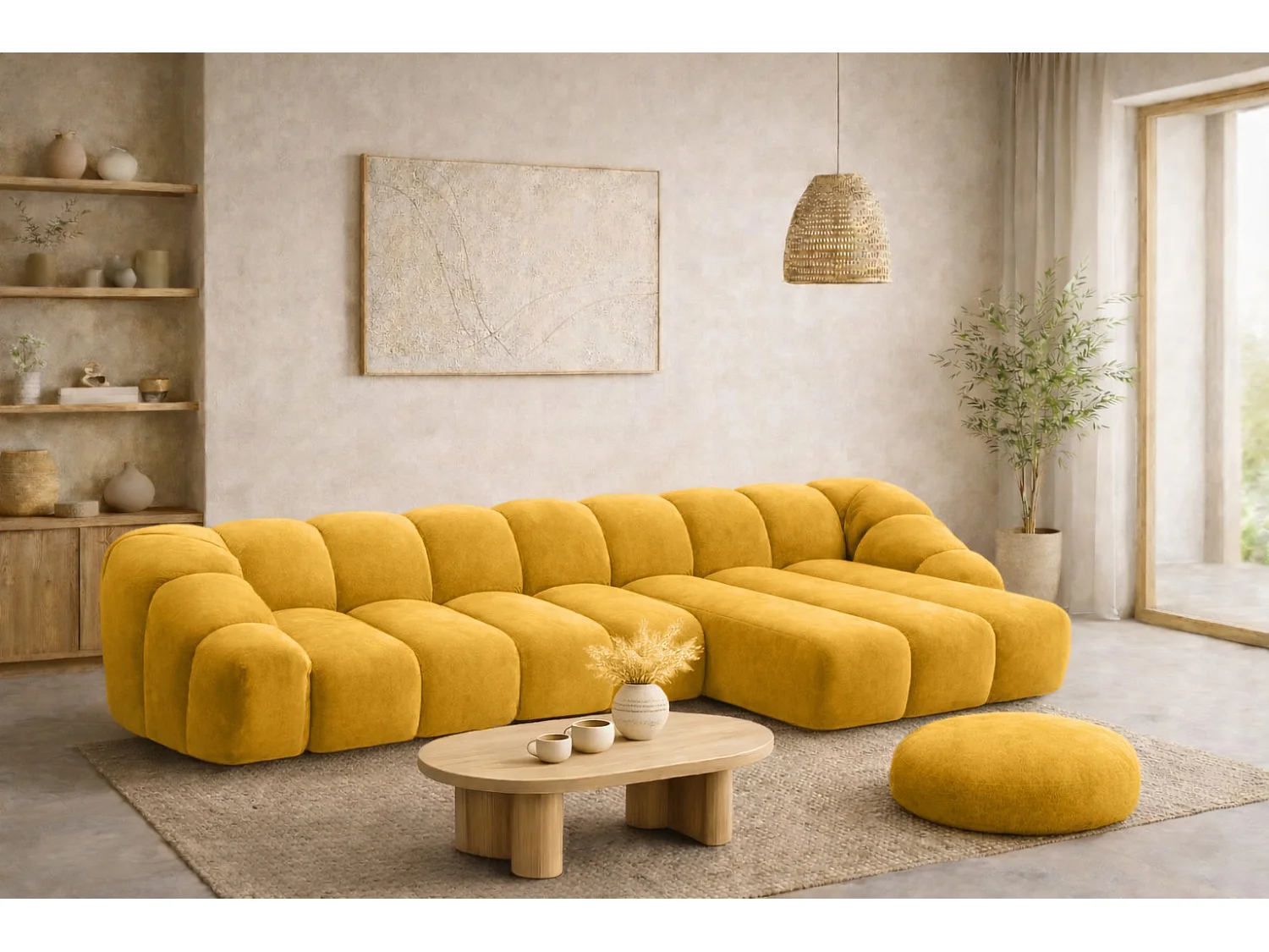 Divano angolare modulare a L, tessuto velluto Bluvel, dorato, destra, CROISSANT XL