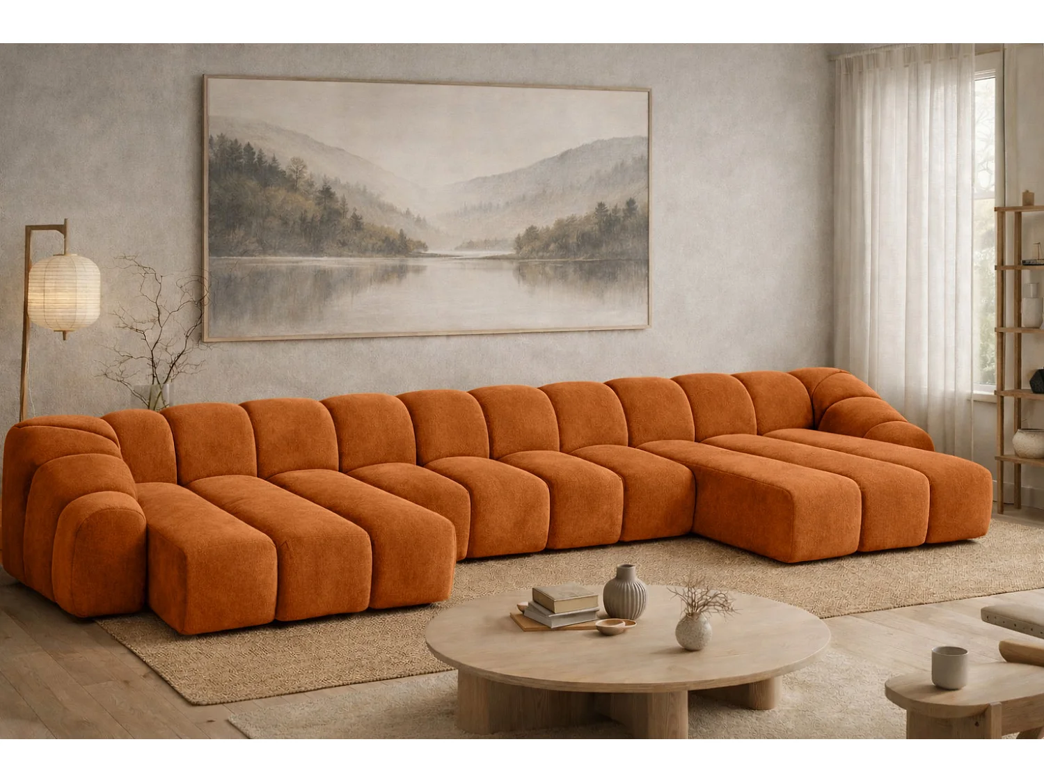 Divano angolare modulare a U, tessuto velluto Bluvel, color cannella, CROISSANT U XL