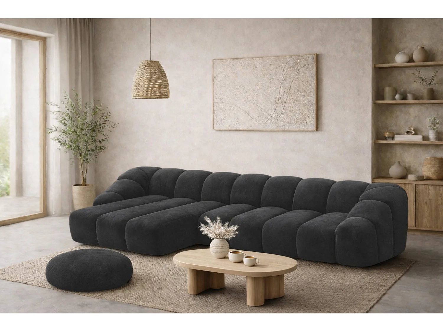 Divano angolare modulare a L, tessuto velluto Bluvel, nero, sinistra, CROISSANT XL