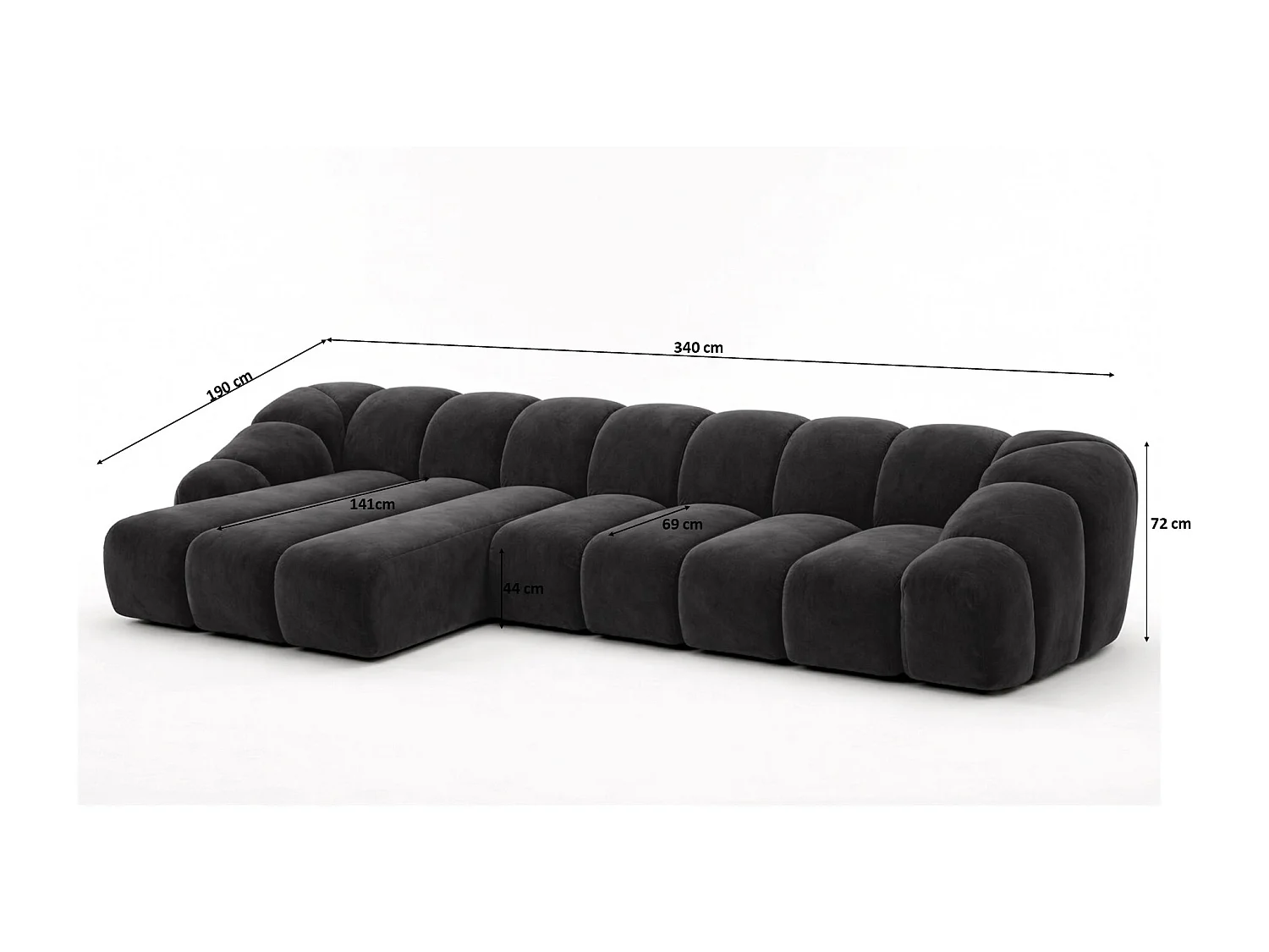 Divano angolare modulare a L, tessuto velluto Bluvel, nero, sinistra, CROISSANT XL