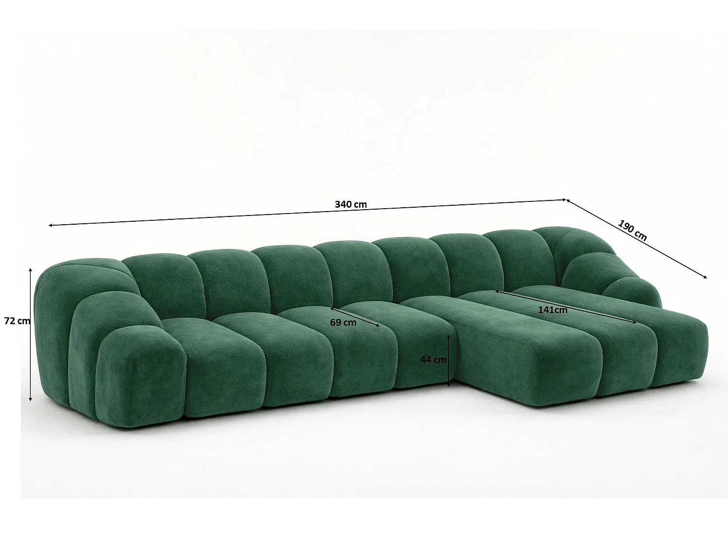 Divano angolare modulare a L, tessuto velluto Bluvel, verde, destra, CROISSANT XL