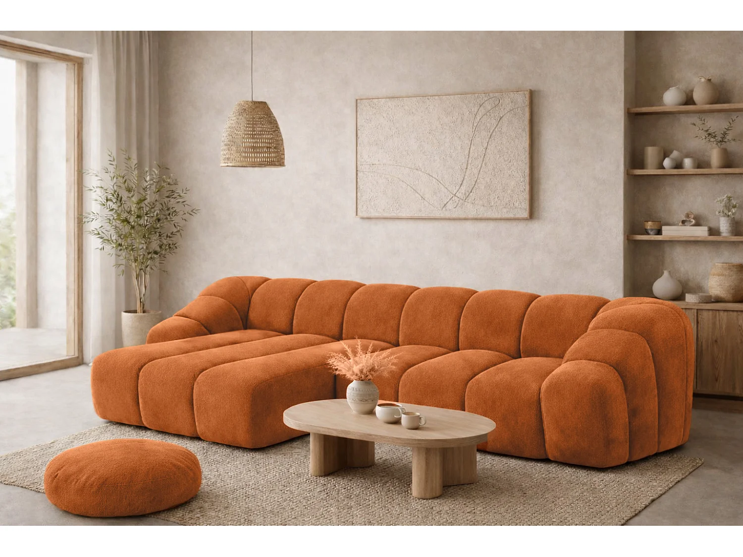 Divano angolare modulare a L, tessuto velluto Bluvel, color cannella, sinistra, CROISSANT L