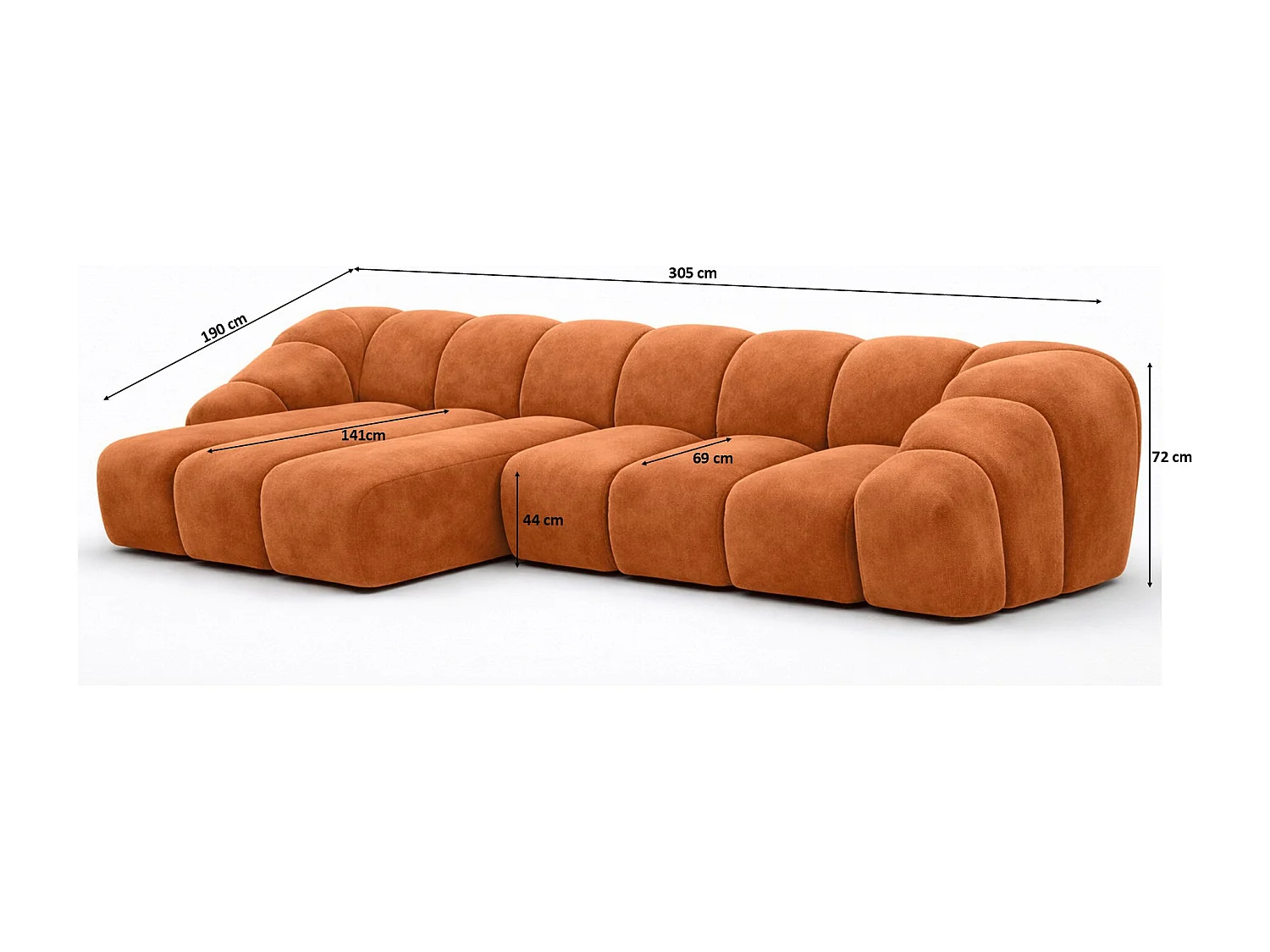 Divano angolare modulare a L, tessuto velluto Bluvel, color cannella, sinistra, CROISSANT L