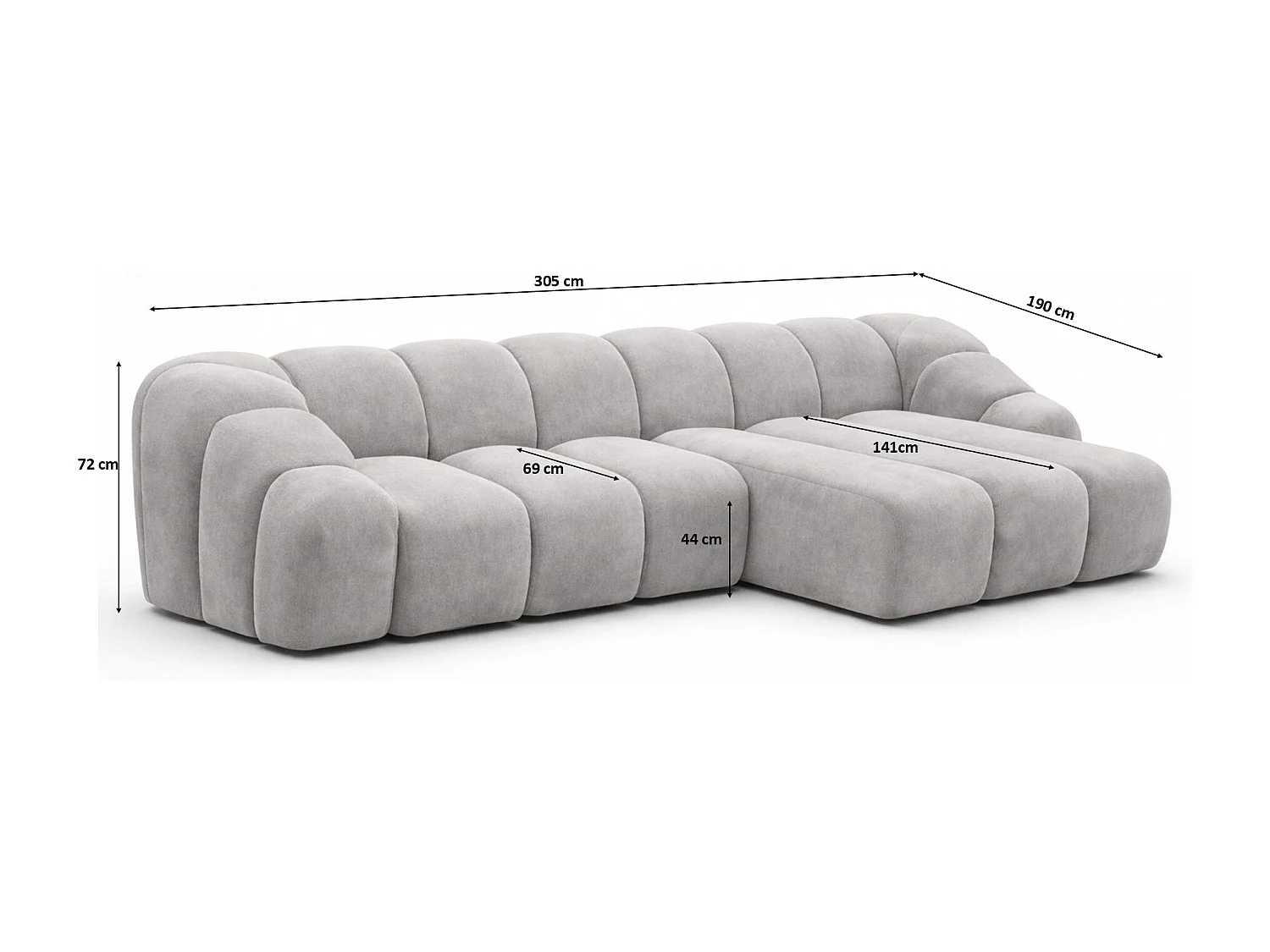 Divano angolare modulare a L, tessuto velluto Bluvel, grigio, destra, CROISSANT L