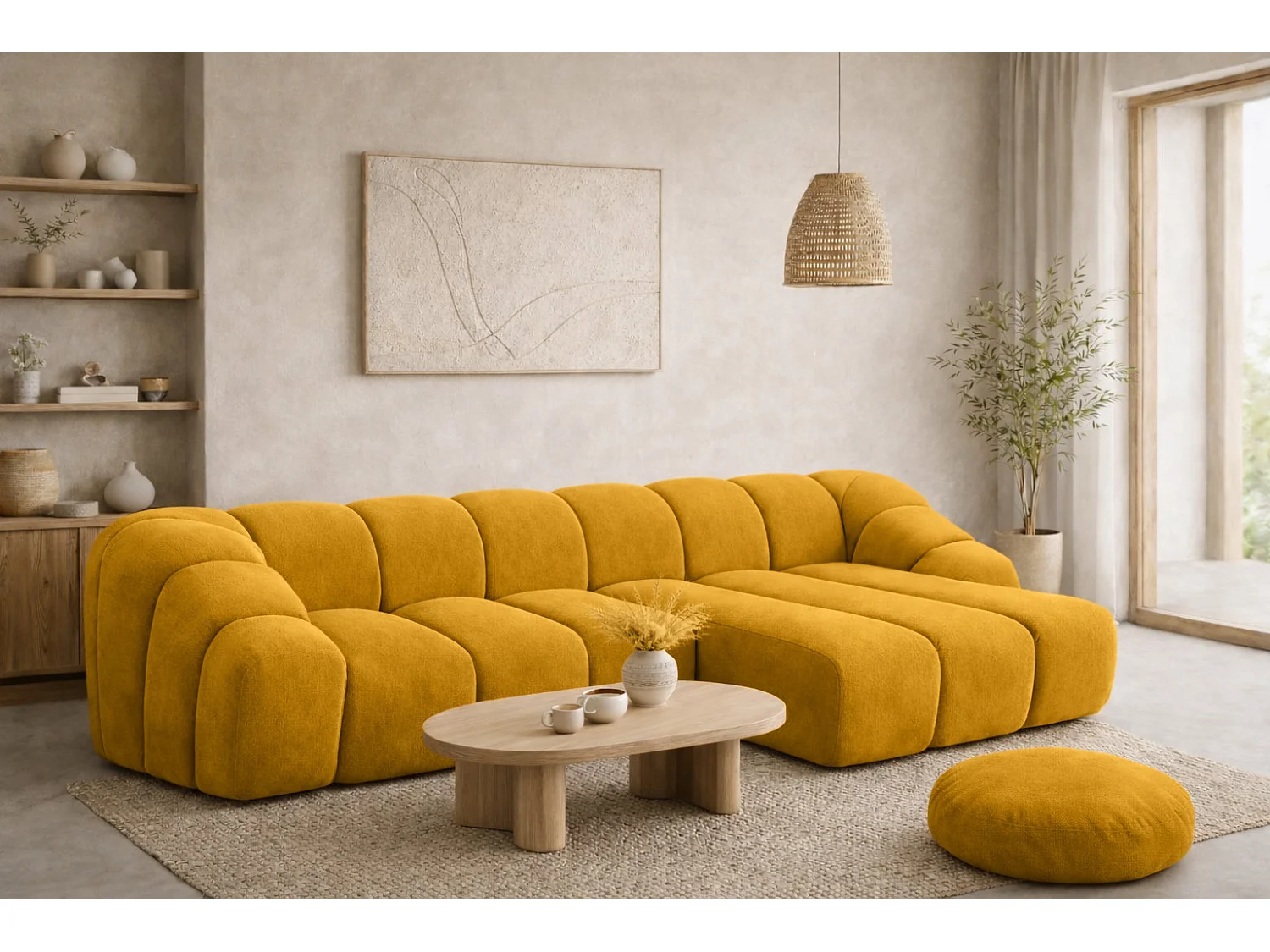 Divano angolare modulare a L, tessuto velluto Bluvel, dorato, destra, CROISSANT L