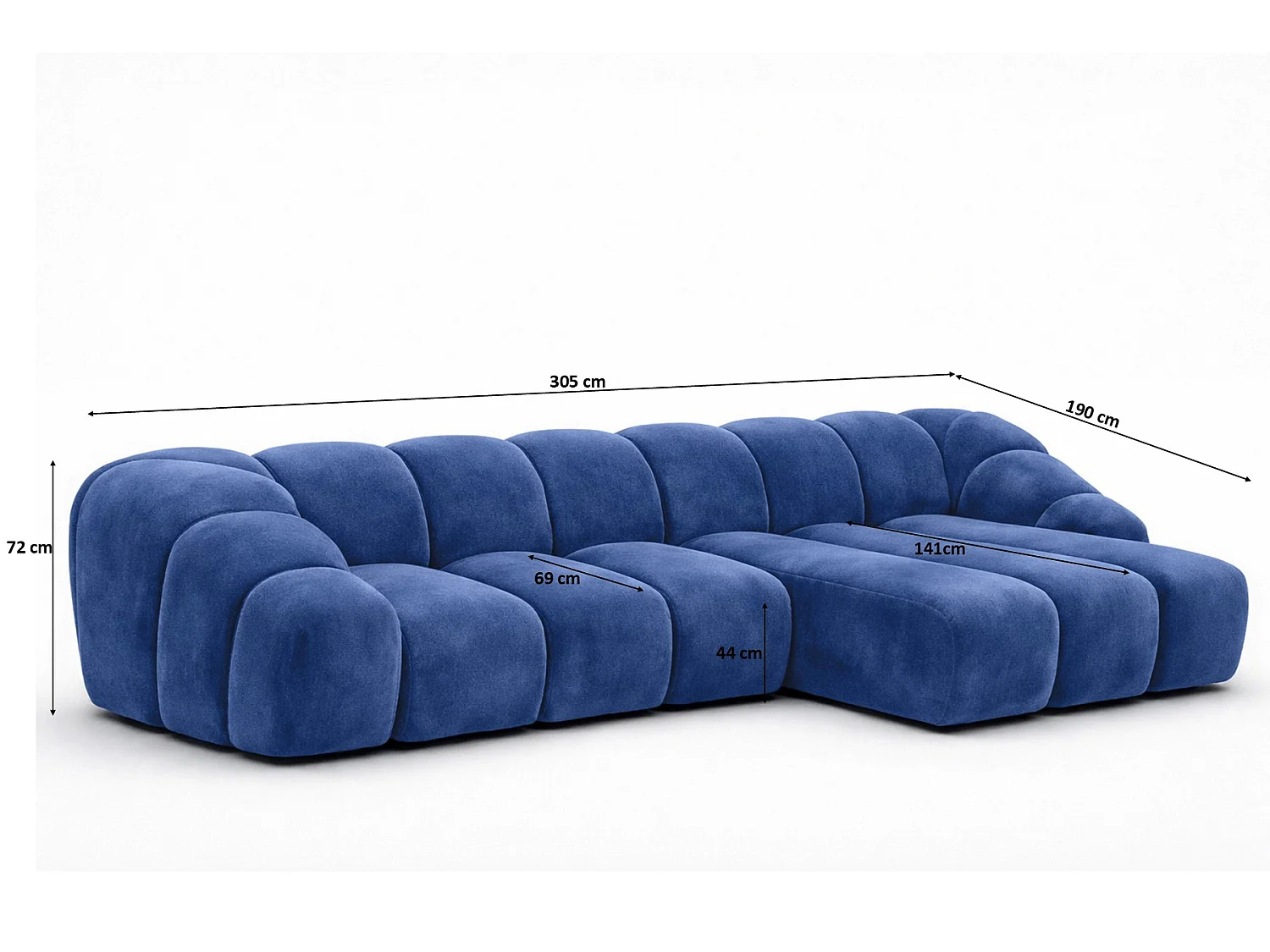 Divano angolare modulare a L, tessuto velluto Bluvel, blu inchiostro, destra, CROISSANT L