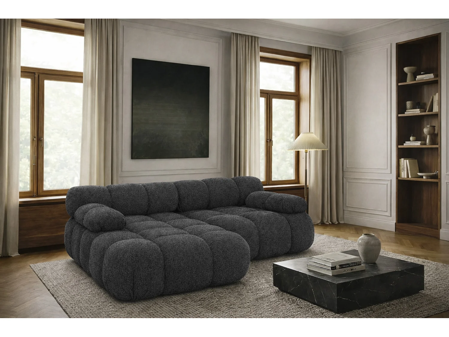 Canapé d’angle L mini modulaire, tissu bouclé Abriamo, Graphite, Gauche, Selia