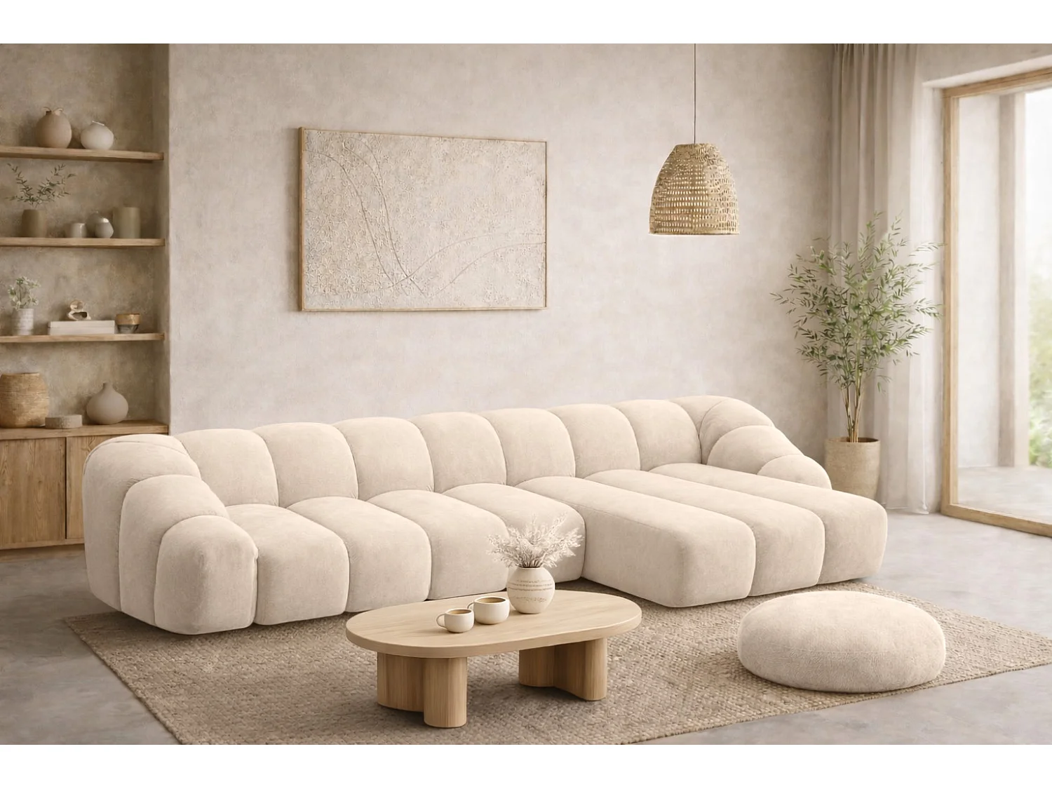 Divano angolare modulare a L, tessuto velluto Bluvel, crema, destra, CROISSANT XL