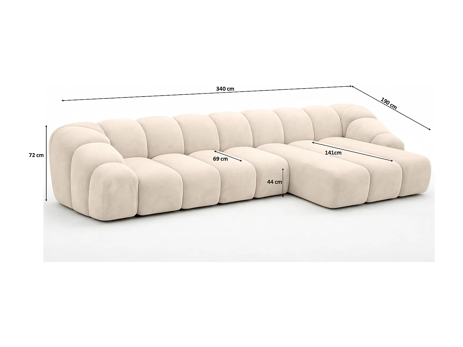 Divano angolare modulare a L, tessuto velluto Bluvel, crema, destra, CROISSANT XL