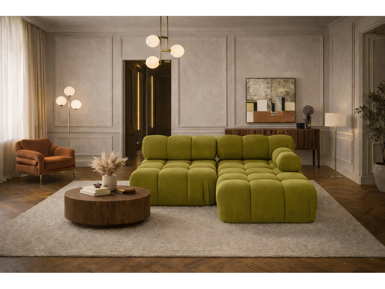 Canapé d’angle en L Mini II modulaire, velours Salvador, Olive, Droite, Selia