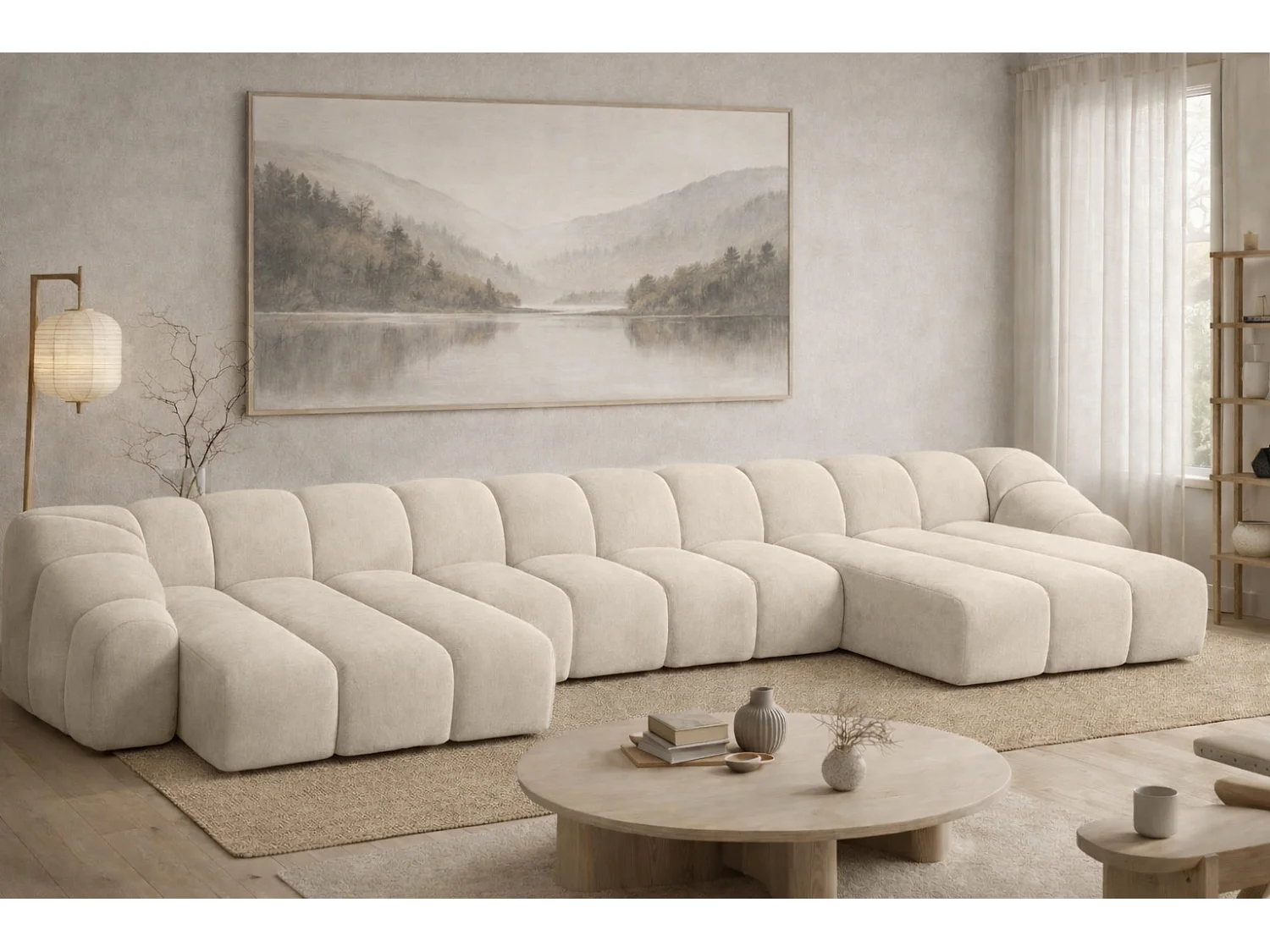 Divano angolare modulare a U, tessuto velluto Bluvel, crema, CROISSANT U XL