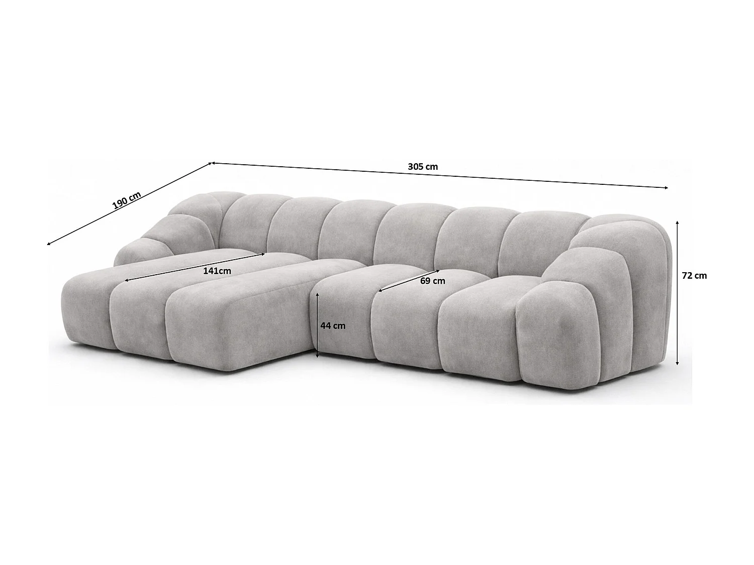 Divano angolare modulare a L, tessuto velluto Bluvel, grigio, sinistra, CROISSANT L