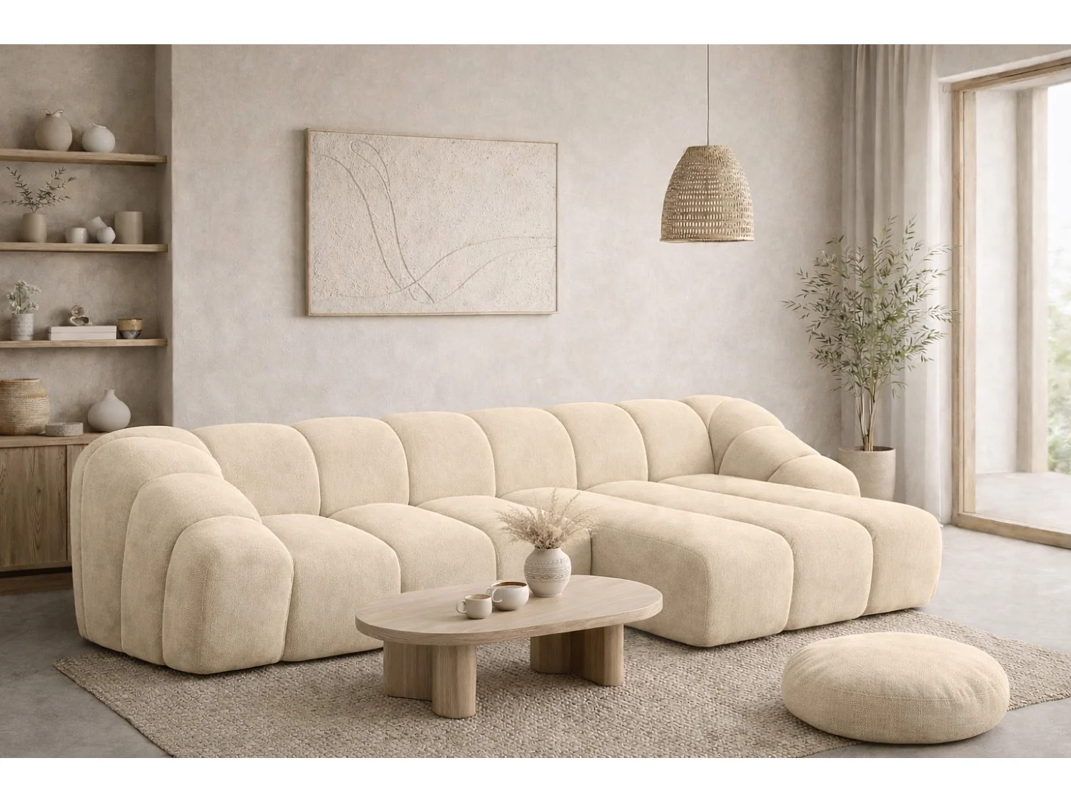 Divano angolare modulare a L, tessuto velluto Bluvel, crema, destra, CROISSANT L