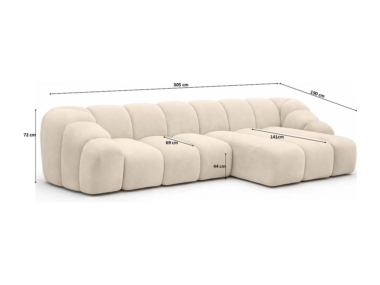 Divano angolare modulare a L, tessuto velluto Bluvel, crema, destra, CROISSANT L