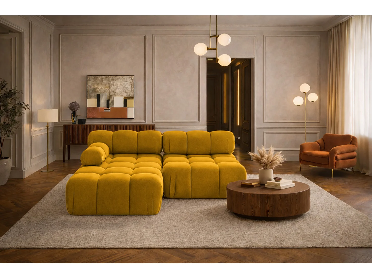 Canapé d’angle en L Mini II modulaire, velours Salvador, Jaune, Gauche, Selia