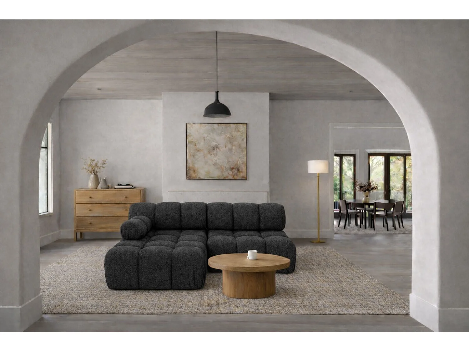 Canapé d’angle en L Mini II modulaire, tissu bouclé Abriamo, Graphite, Gauche, Selia