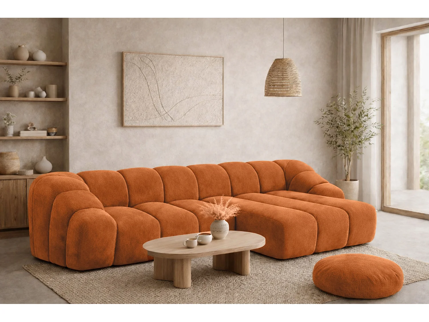 Divano angolare modulare a L, tessuto velluto Bluvel, color cannella, destra, CROISSANT L