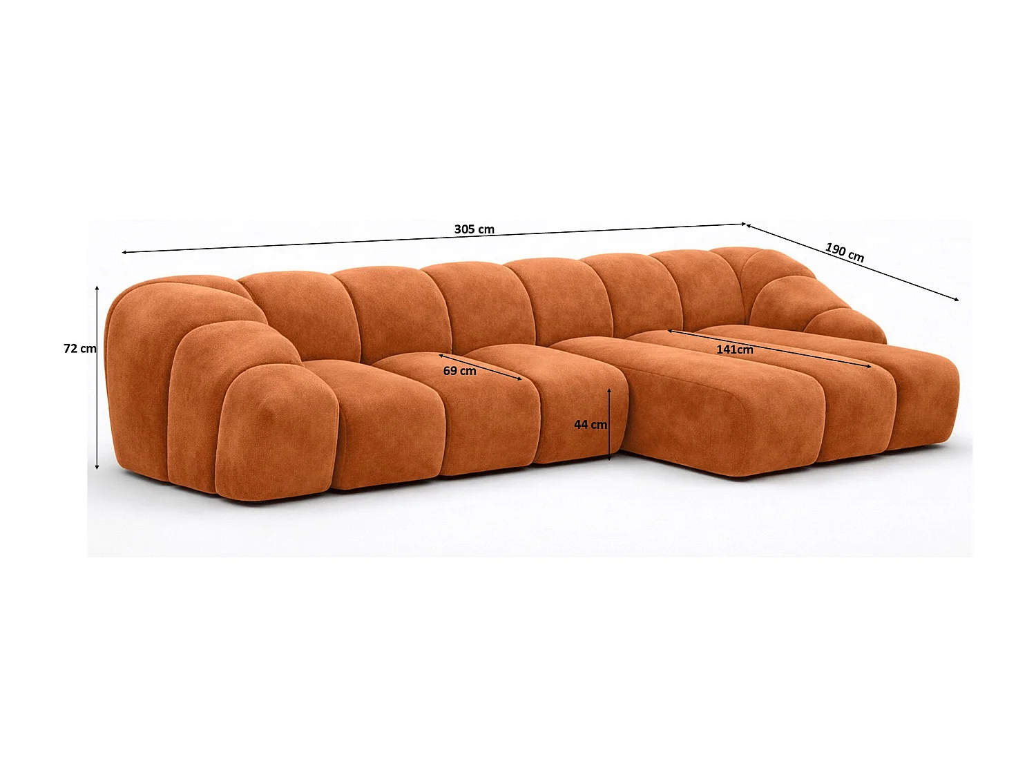 Divano angolare modulare a L, tessuto velluto Bluvel, color cannella, destra, CROISSANT L