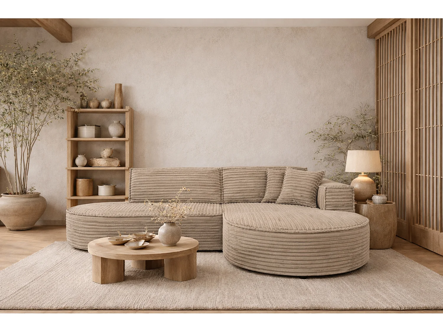 Ecksofa L-Form, Cordstoff Velo, Beige, Rechts, Modena Studio