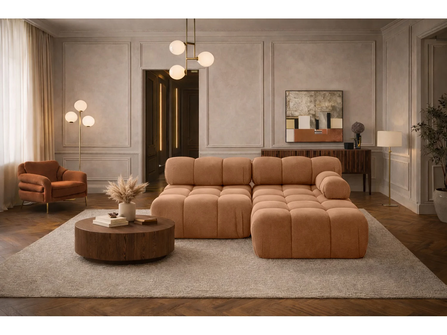 Canapé d’angle en L Mini II modulaire, velours Salvador, Beige foncé, Droite, Selia