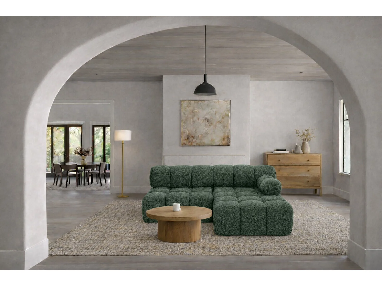 Canapé d’angle en L Mini II modulaire, tissu bouclé Abriamo, Vert foncé, Droite, Selia