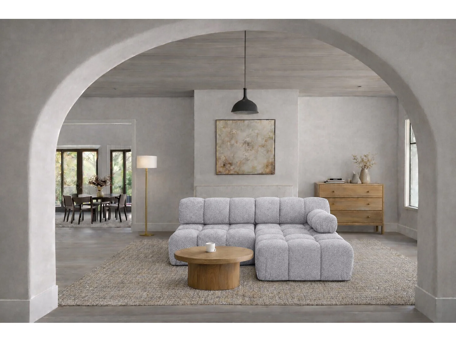 Canapé d’angle en L Mini II modulaire, tissu bouclé Abriamo, Gris clair, Droite, Selia