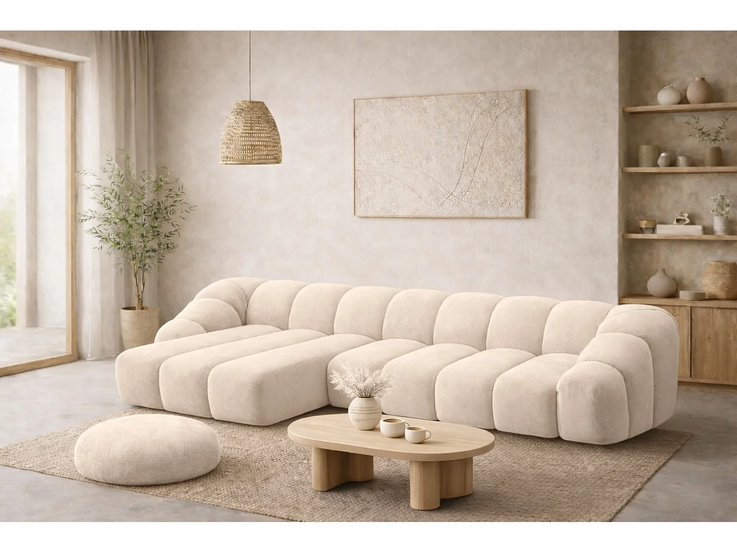 Divano angolare modulare a L, tessuto velluto Bluvel, crema, sinistra, CROISSANT XL