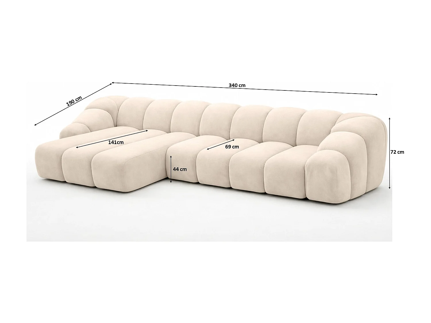 Divano angolare modulare a L, tessuto velluto Bluvel, crema, sinistra, CROISSANT XL