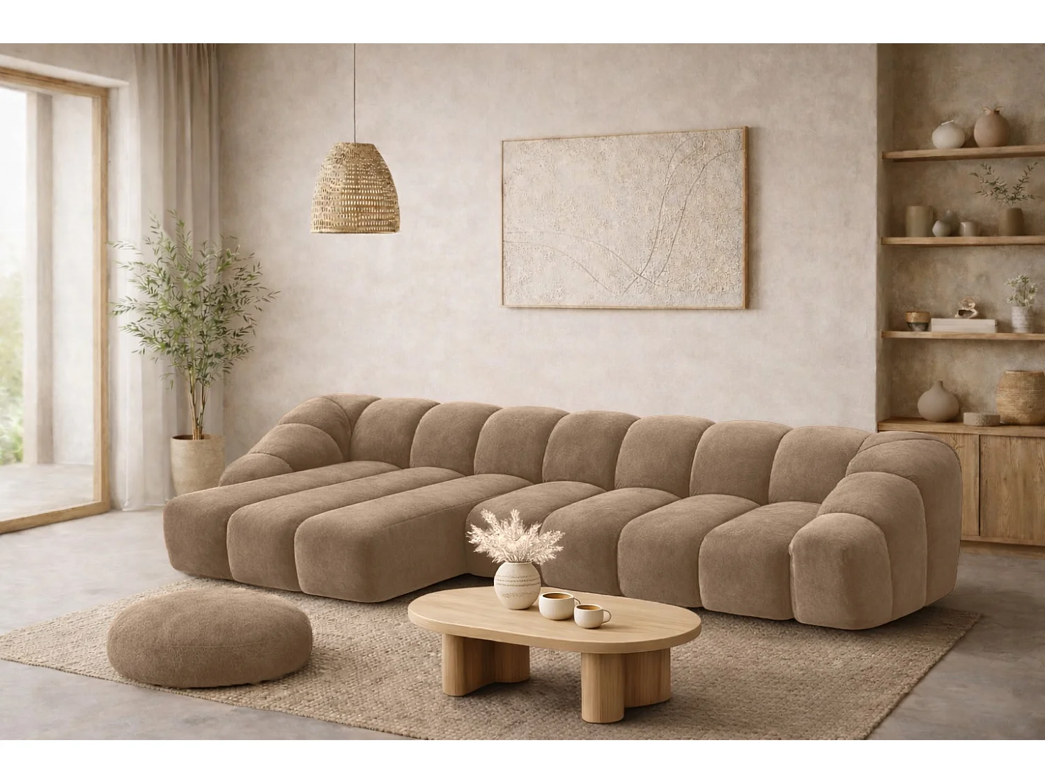 Divano angolare modulare a L, tessuto velluto Bluvel, latte, sinistra, CROISSANT XL