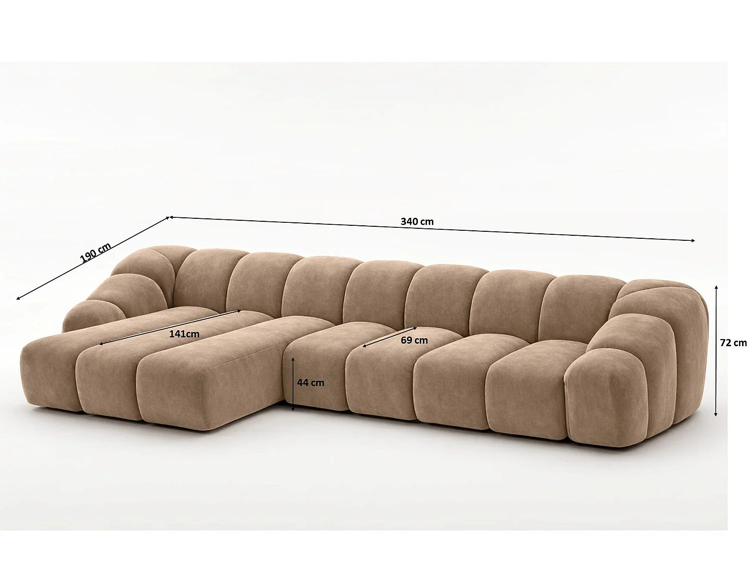 Divano angolare modulare a L, tessuto velluto Bluvel, latte, sinistra, CROISSANT XL