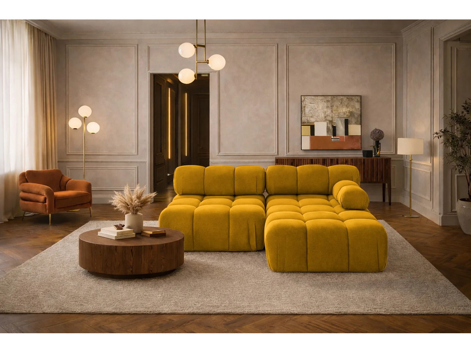 Canapé d’angle en L Mini II modulaire, velours Salvador, Jaune, Droite, Selia