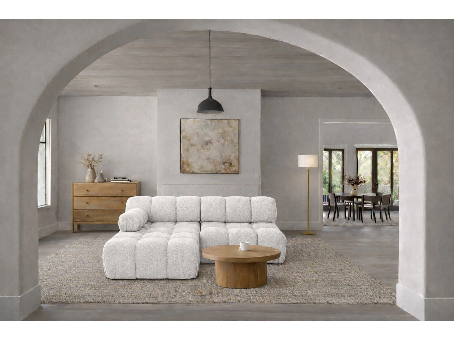 Canapé d’angle en L Mini II modulaire, tissu bouclé Abriamo, Ecru, Gauche, Selia