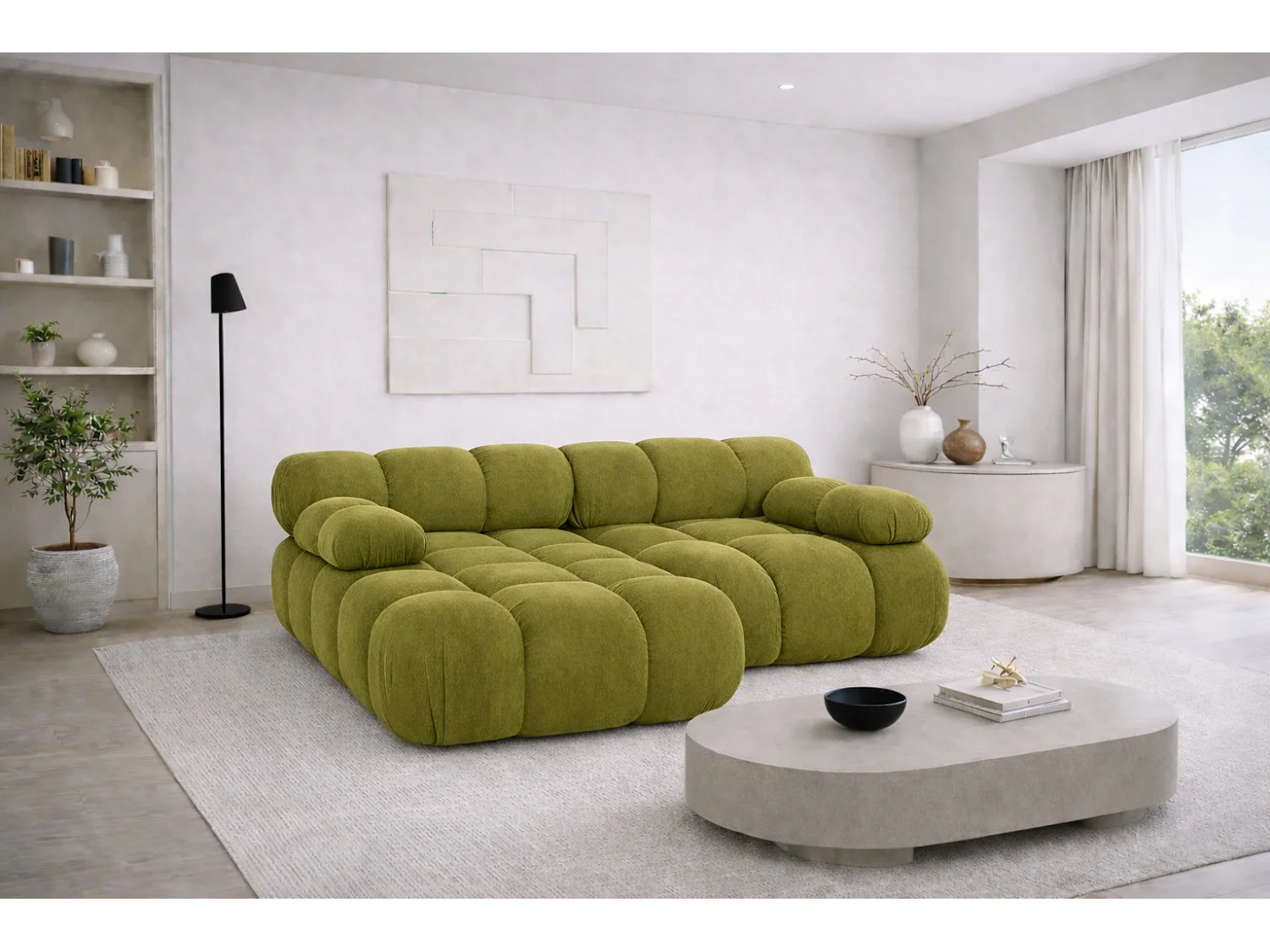 Canapé d’angle L mini modulaire, velours Salvador, Olive, Gauche, Selia