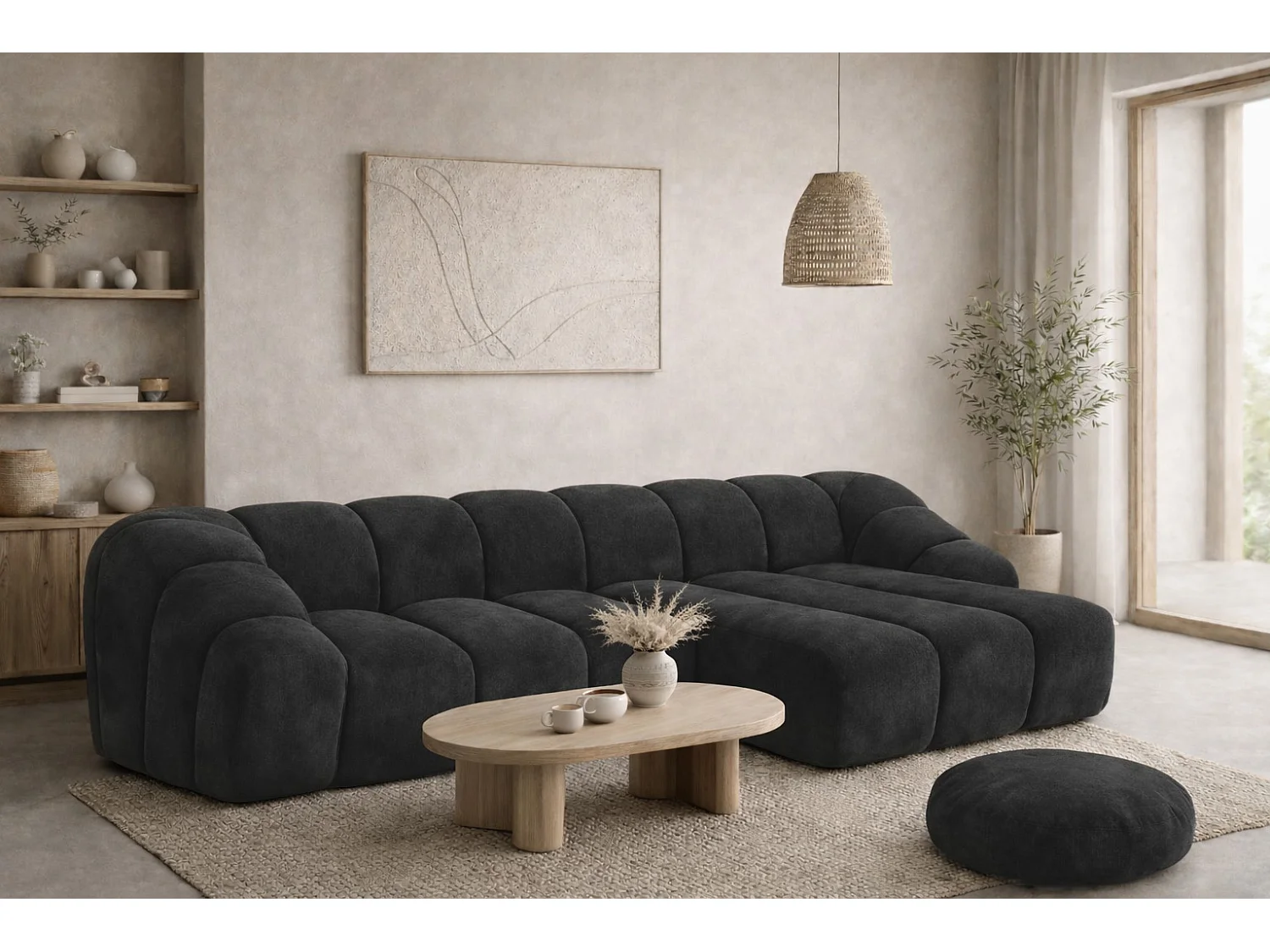 Divano angolare modulare a L, tessuto velluto Bluvel, nero, destra, CROISSANT L