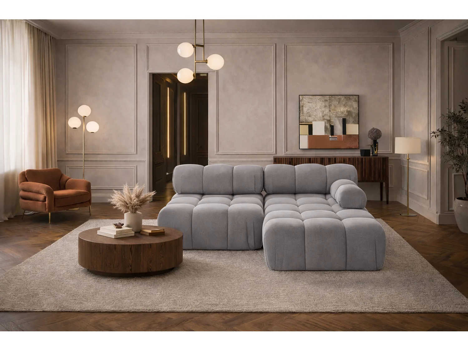 Canapé d’angle en L Mini II modulaire, velours Salvador, Gris, Droite, Selia