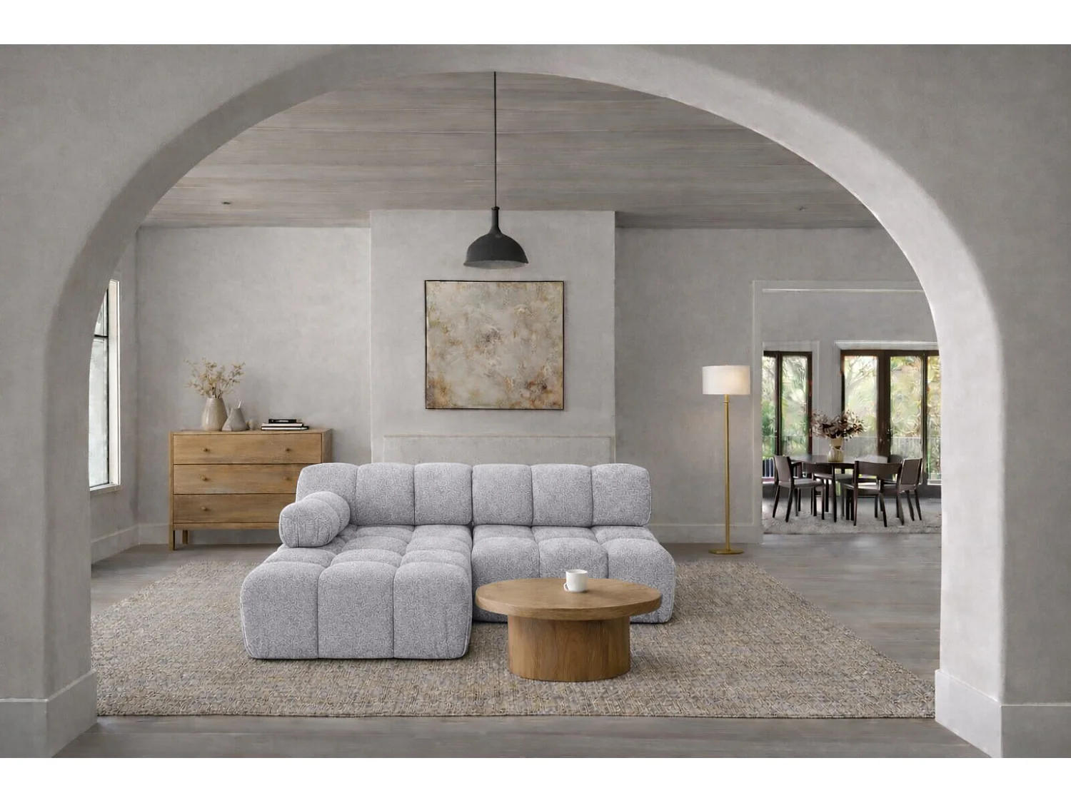 Canapé d’angle en L Mini II modulaire, tissu bouclé Abriamo, Gris clair, Gauche, Selia