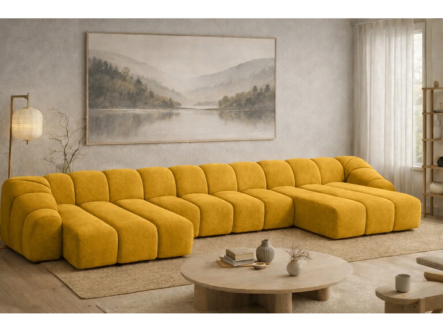 Divano angolare modulare a U, tessuto velluto Bluvel, dorato, CROISSANT U XL