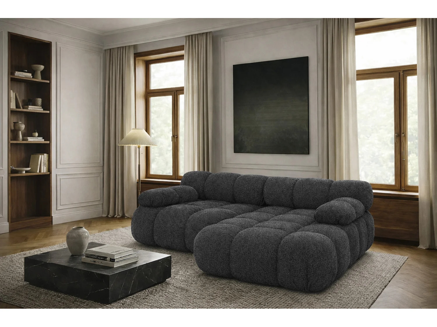 Canapé d’angle L mini modulaire, tissu bouclé Abriamo, Graphite, Droite, Selia