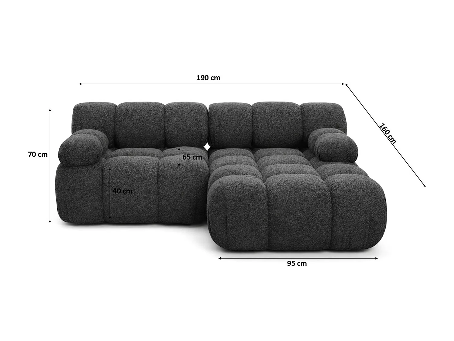 Canapé d’angle L mini modulaire, tissu bouclé Abriamo, Graphite, Droite, Selia