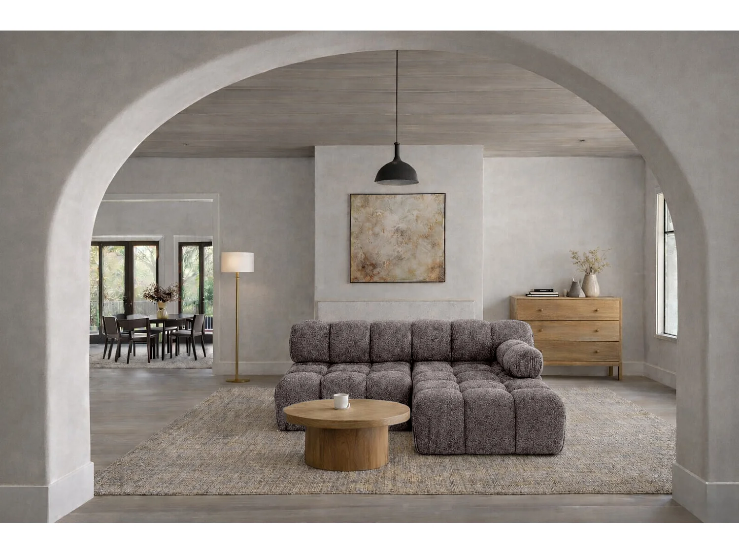 Canapé d’angle en L Mini II modulaire, tissu bouclé Abriamo, Marron, Droite, Selia