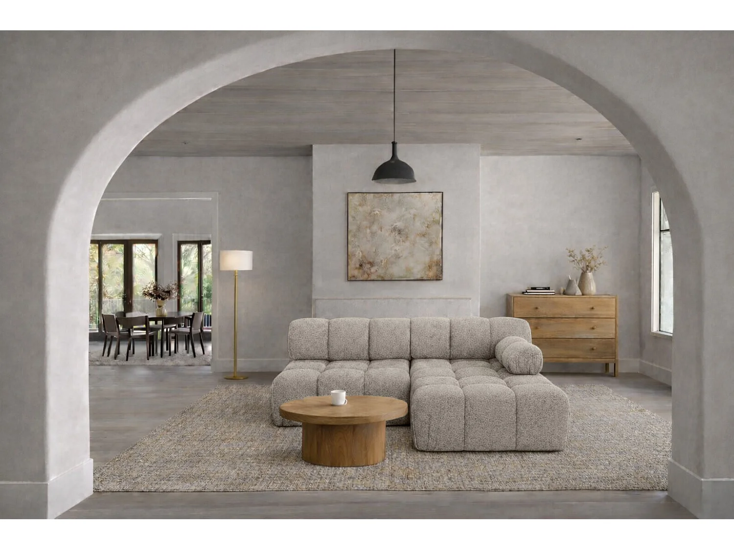 Canapé d’angle en L Mini II modulaire, tissu bouclé Abriamo, Beige, Droite, Selia